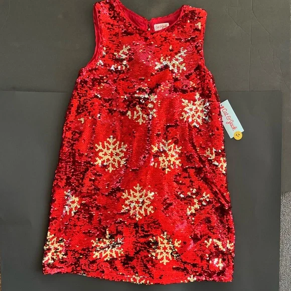 Cat & Jack Red and Gold Sequin Snowflake Holiday Dress
